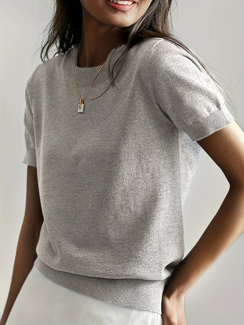 Elisabeth | Damen Kurzarm Knit Sweater Top Rundhals lockere Passform