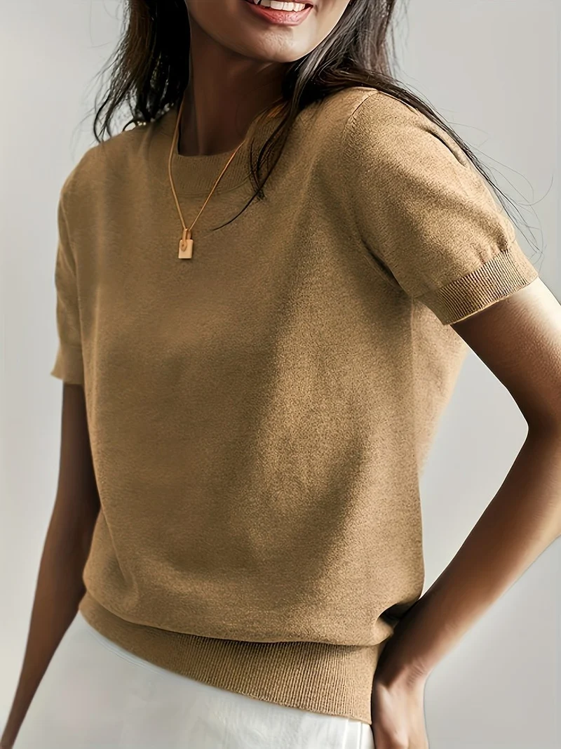 Elisabeth | Damen Kurzarm Knit Sweater Top Rundhals lockere Passform