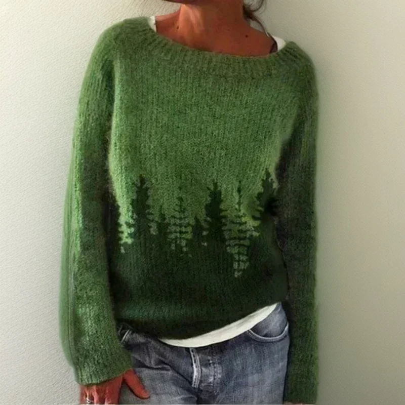 Emilia | Damen Oversize Rundhals Knit Sweater mit Tannenbaum-Muster
