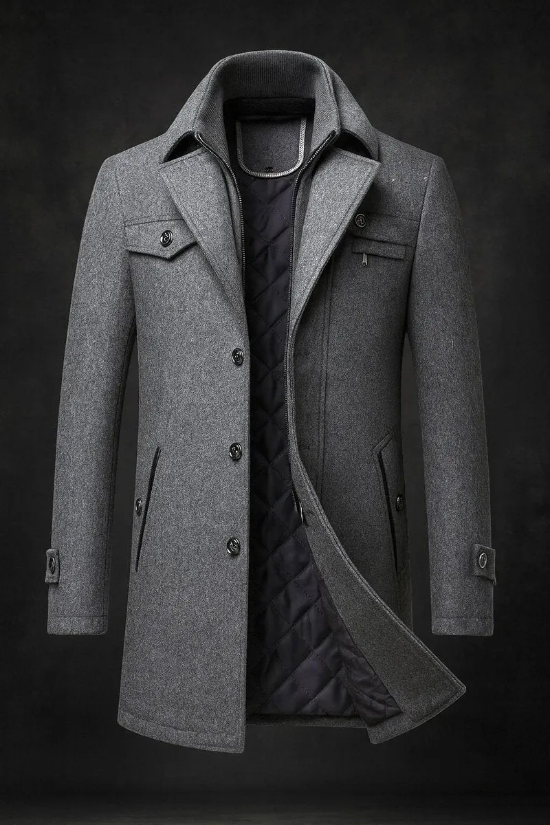 Fabian | Herren Wollmantel Slim Fit Doppelkragen Wärmeisolierter Wintermantel