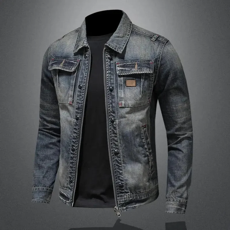 Simon | Herren Retro Vintage Denim Jacke mit Reißverschluss Used-Look