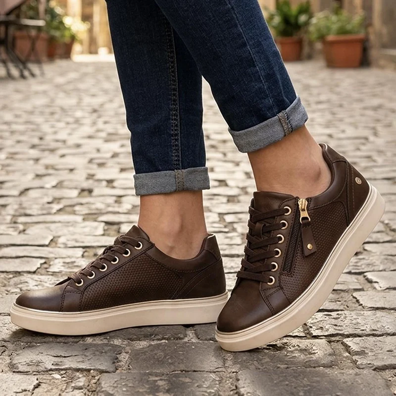 Wide Fit Zip & Lace Trainers With Grip Sole - WOIL42005 / 328 226 - Chocolate