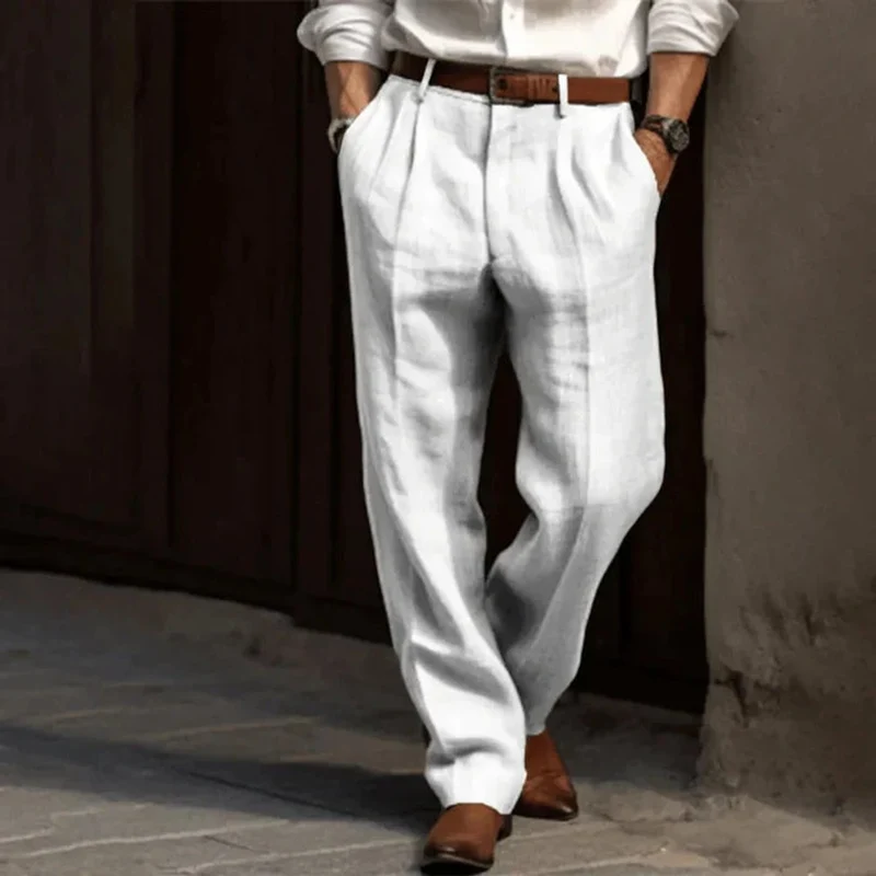 Maximilian | Herren Klassische Plissierte Elegante Leinenhose Lang