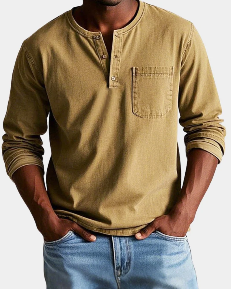 Elias | Herren Vintage Langarm Henley-Shirt mit Brusttasche