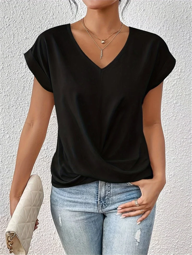 Katharina | Damen V-Ausschnitt Kurzarm Shirt mit Twist-Detail