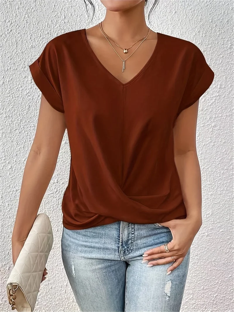 Katharina | Damen V-Ausschnitt Kurzarm Shirt mit Twist-Detail