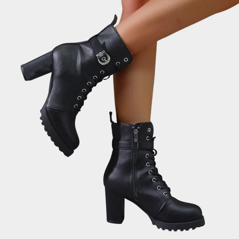 Sophie | Damen Schnür-Ankle-Boots mit Blockabsatz Schnalle Reißverschluss