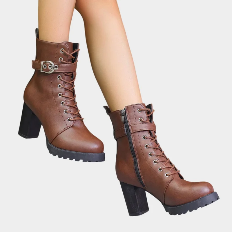 Sophie | Damen Schnür-Ankle-Boots mit Blockabsatz Schnalle Reißverschluss