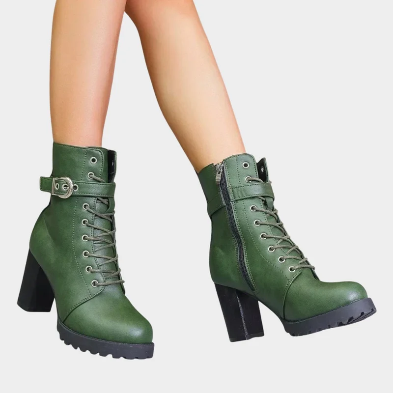 Sophie | Damen Schnür-Ankle-Boots mit Blockabsatz Schnalle Reißverschluss