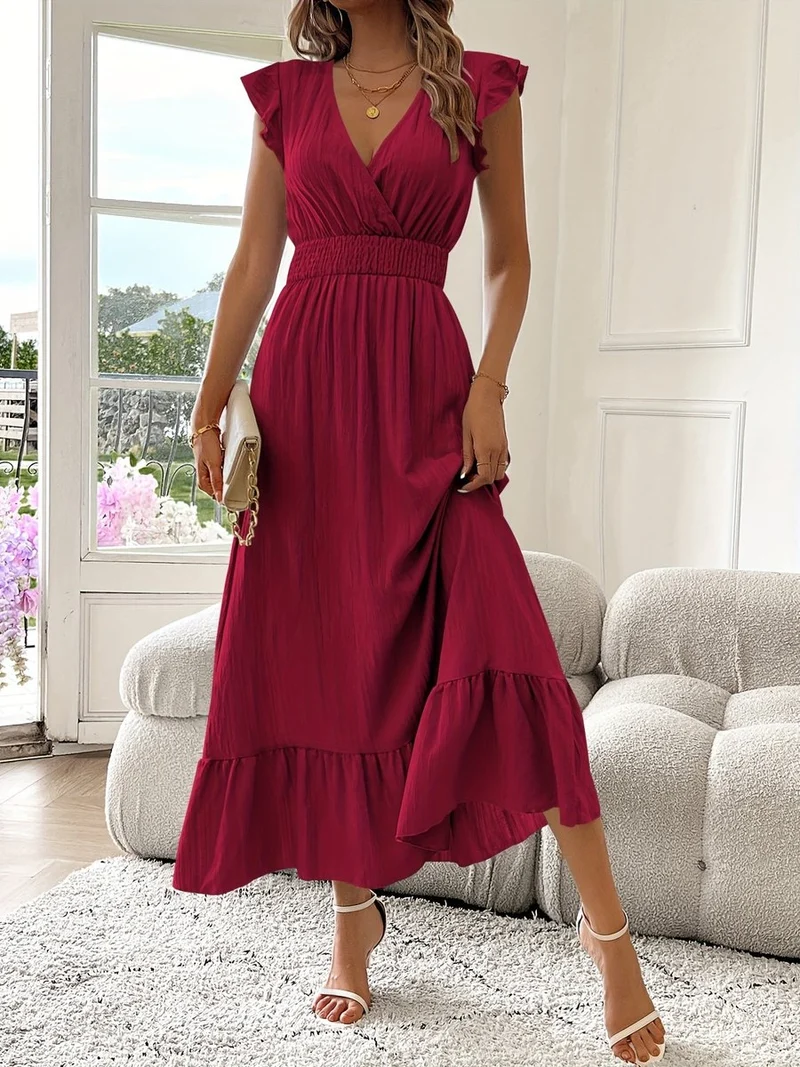 Charlotte | Damen Cocktailparty Kleid Elegantes Maxi V-Ausschnitt Rüschen A-Linie