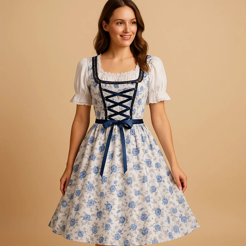 Marie | Damen Oktoberfest Dirndl Kleid mit Blumenmuster Schnürung Schürze