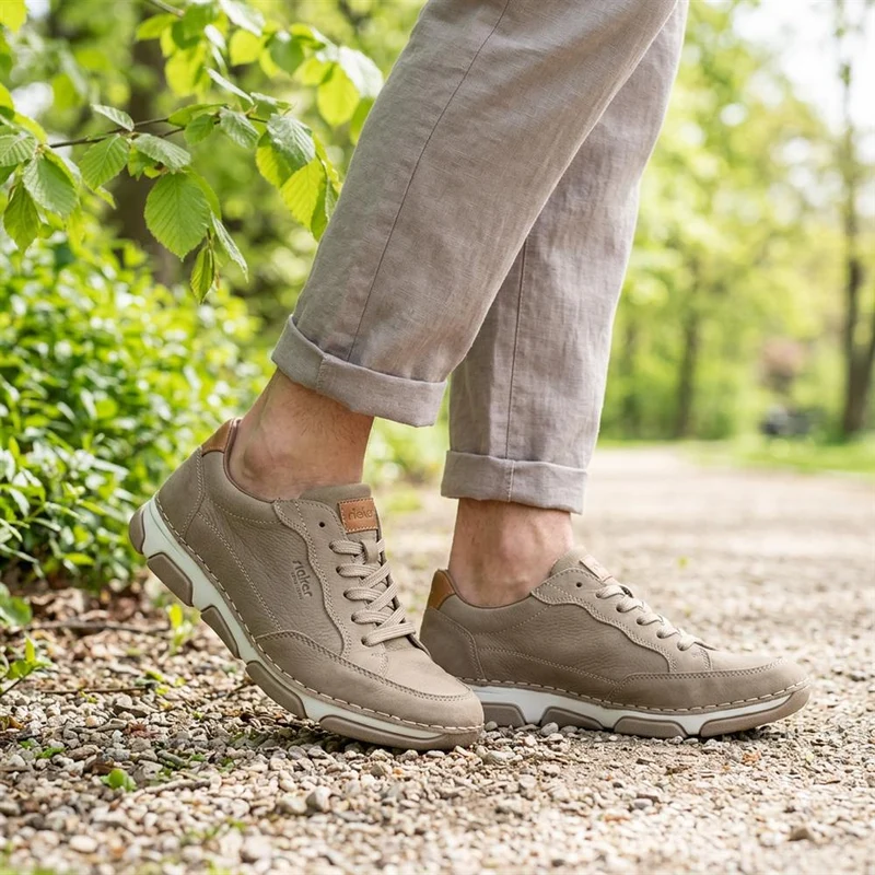 Rieker Extra Wide Fit Leather Lace Up Trainers - RKR43508 / 328 976 - Taupe
