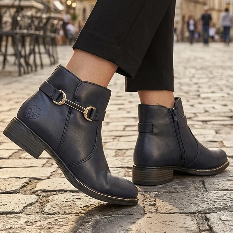 Rieker Buckle-Detail Flat-Heeled Ankle Boots - RKR42511 / 327 797 - Navy