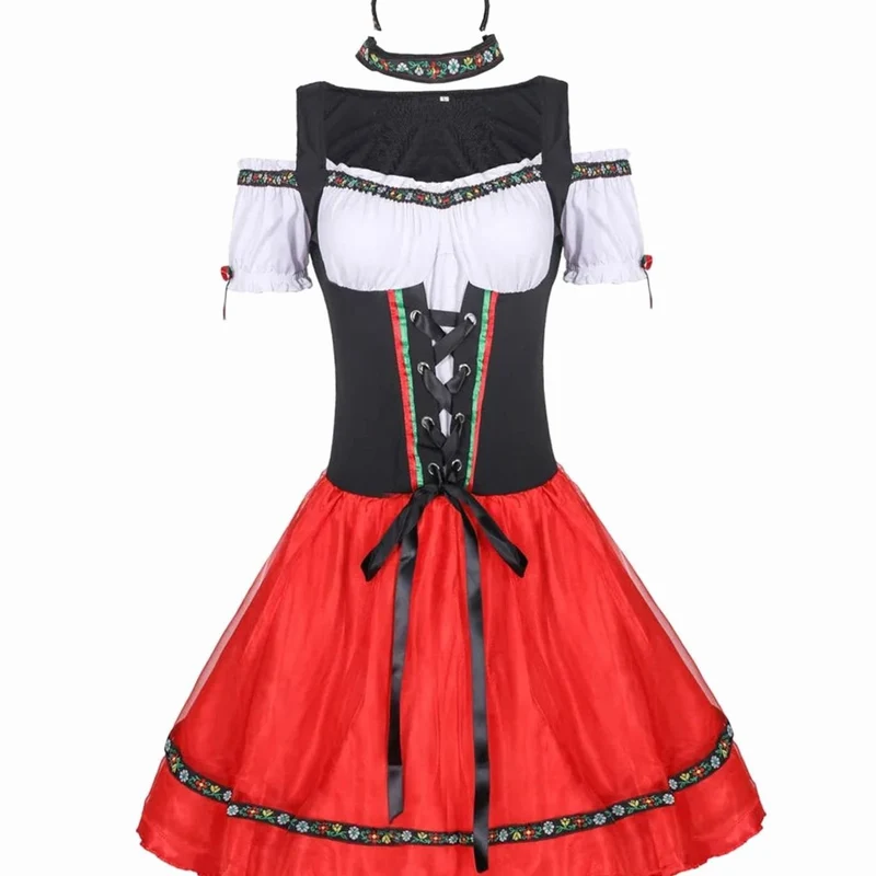 Marlene | Damen Oktoberfest Dirndl Kostüm Rot-Schwarz Trachtenkleid Mini