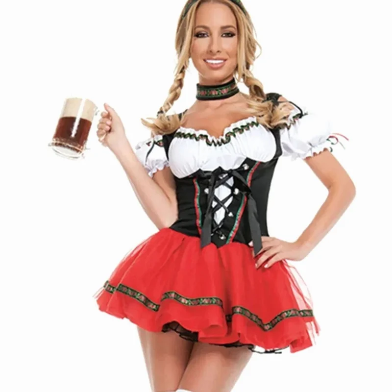 Marlene | Damen Oktoberfest Dirndl Kostüm Rot-Schwarz Trachtenkleid Mini