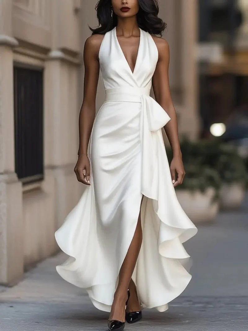 Mia | Damen Satin Cocktailparty-Kleid Halterneck Wickelschnitt High-Low-Saum