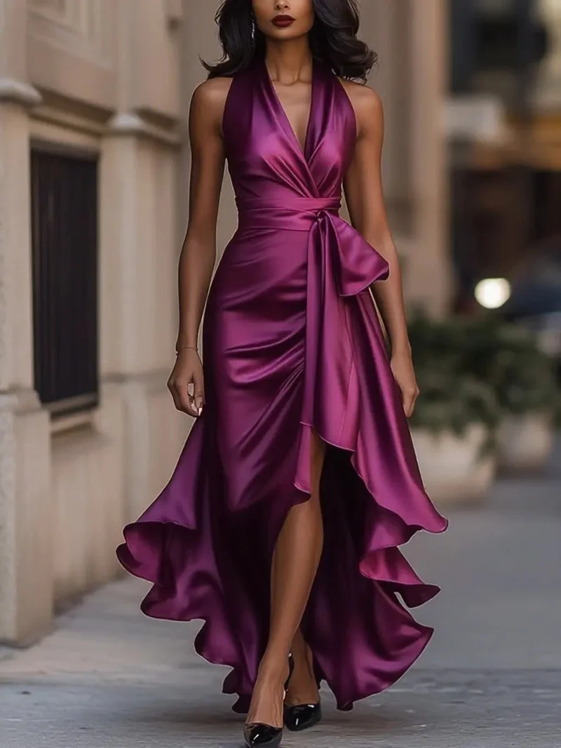 Mia | Damen Satin Cocktailparty-Kleid Halterneck Wickelschnitt High-Low-Saum