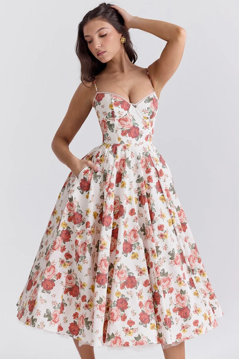 Lena | Damen Cocktailparty-Kleid elegantes Midi-Kleid mit Bügelcups Schwingrock