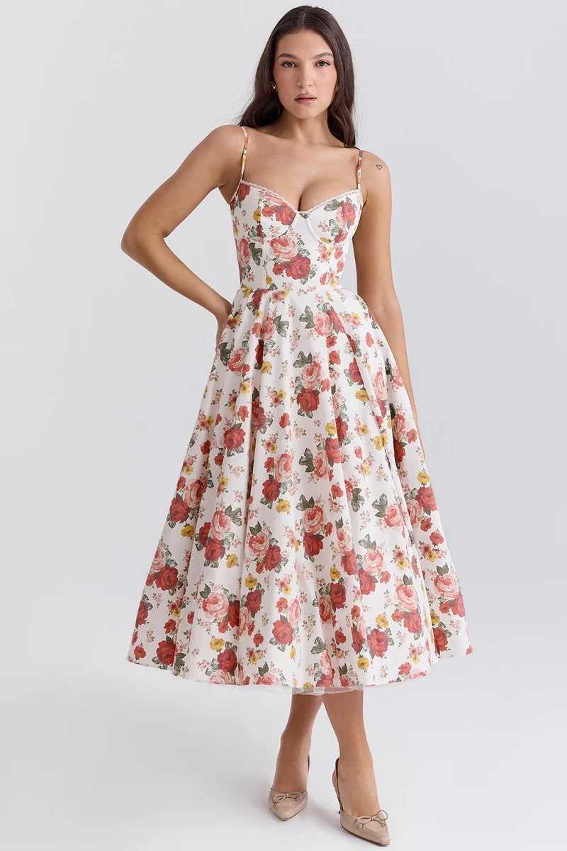 Lena | Damen Cocktailparty-Kleid elegantes Midi-Kleid mit Bügelcups Schwingrock