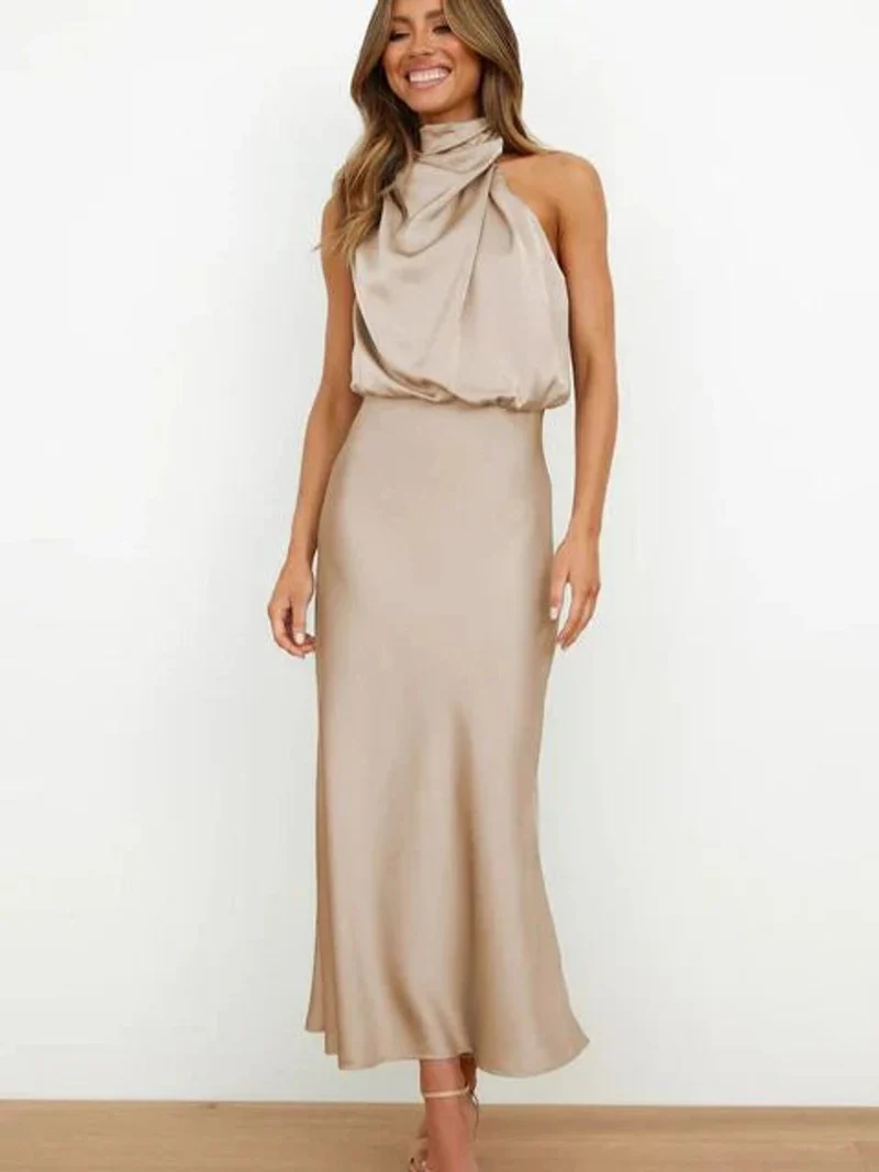 Emilia | Damen Cocktailkleid Satin Midi Halterneck Abendkleid elegant