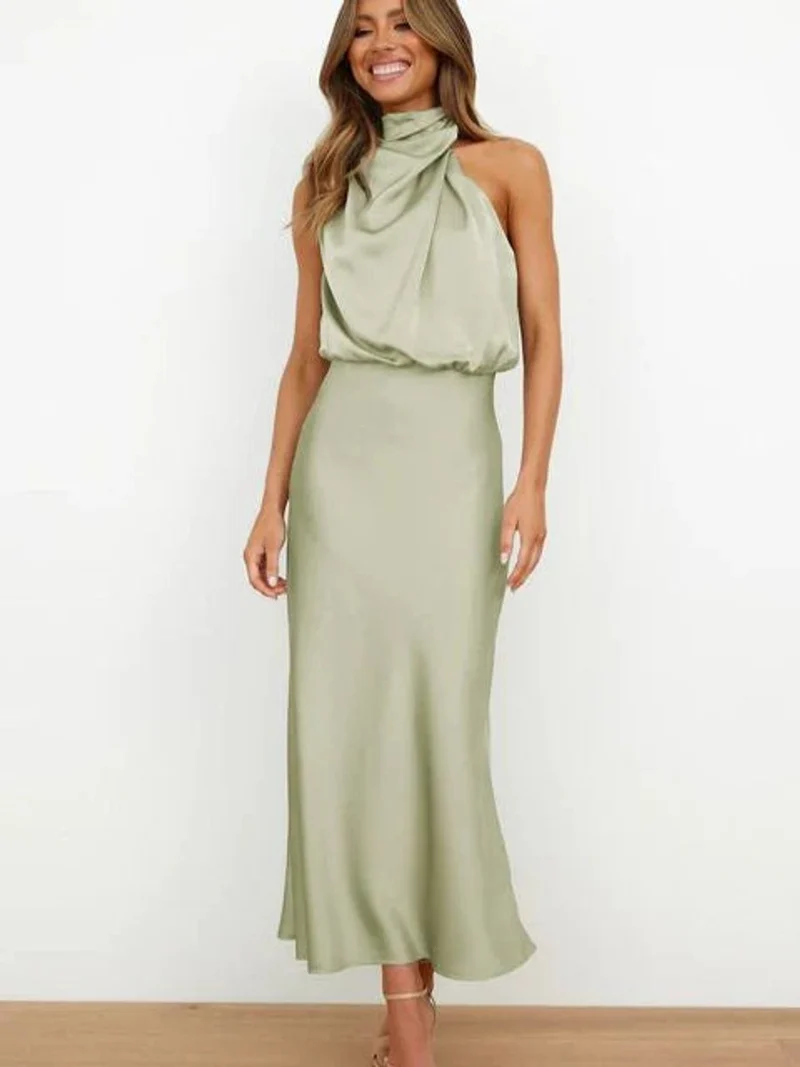 Emilia | Damen Cocktailkleid Satin Midi Halterneck Abendkleid elegant