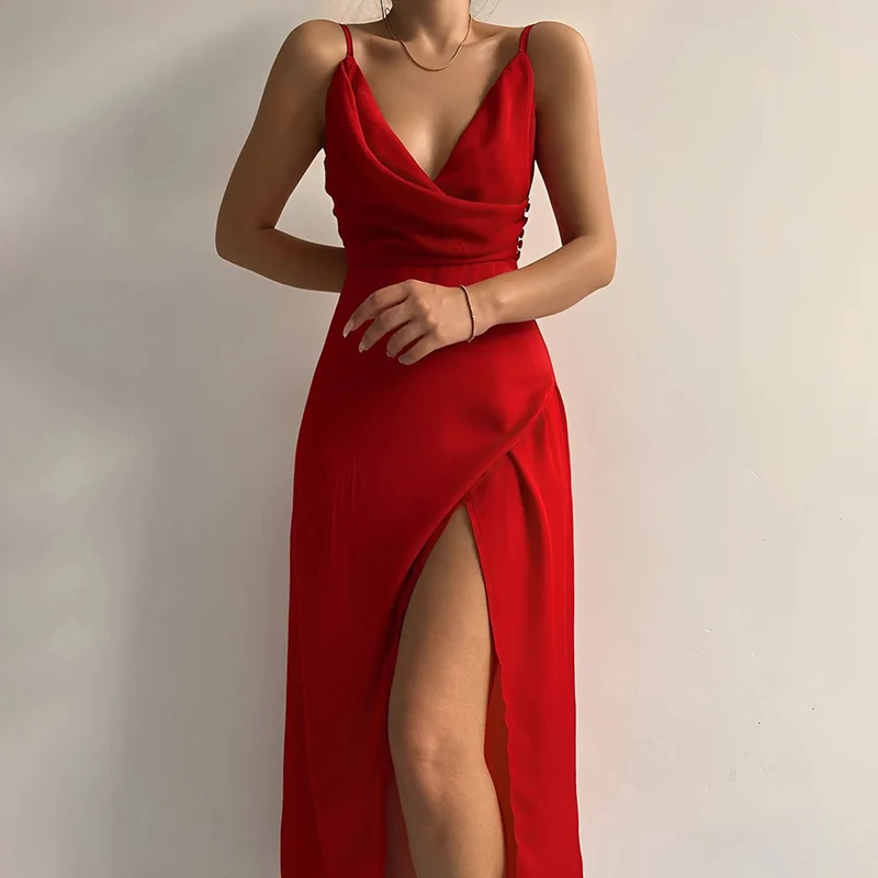 Marie | Damen Cocktailparty-Kleid elegantes Maxi-Abendkleid mit Schlitz V-Ausschnitt