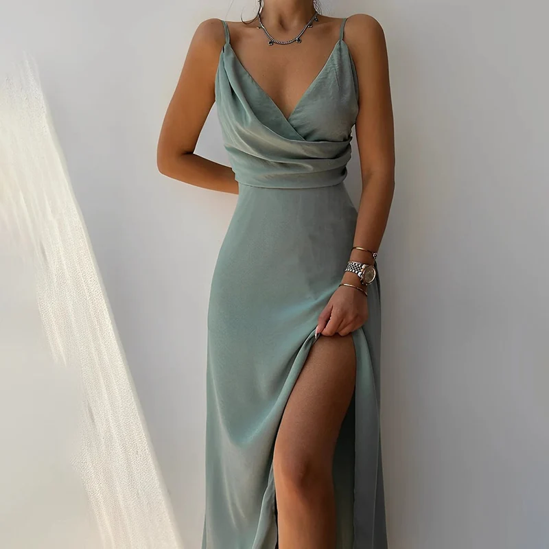 Marie | Damen Cocktailparty-Kleid elegantes Maxi-Abendkleid mit Schlitz V-Ausschnitt