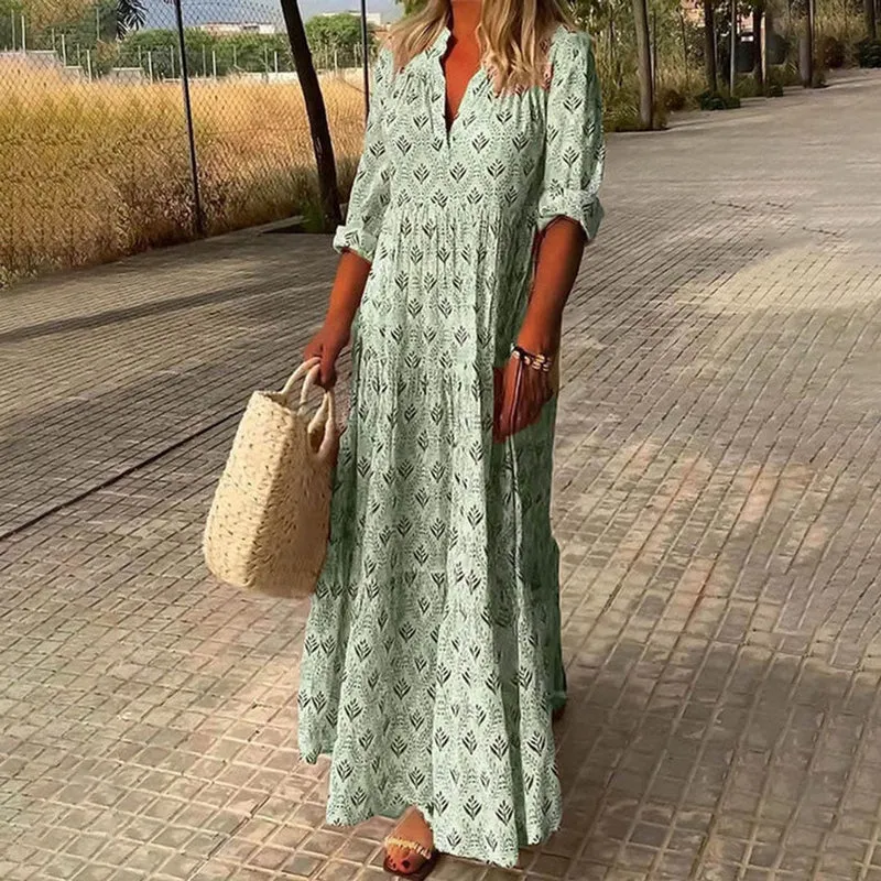 Frieda | Damen Boho Maxi Cocktailparty-Kleid mit V-Ausschnitt floralem Print