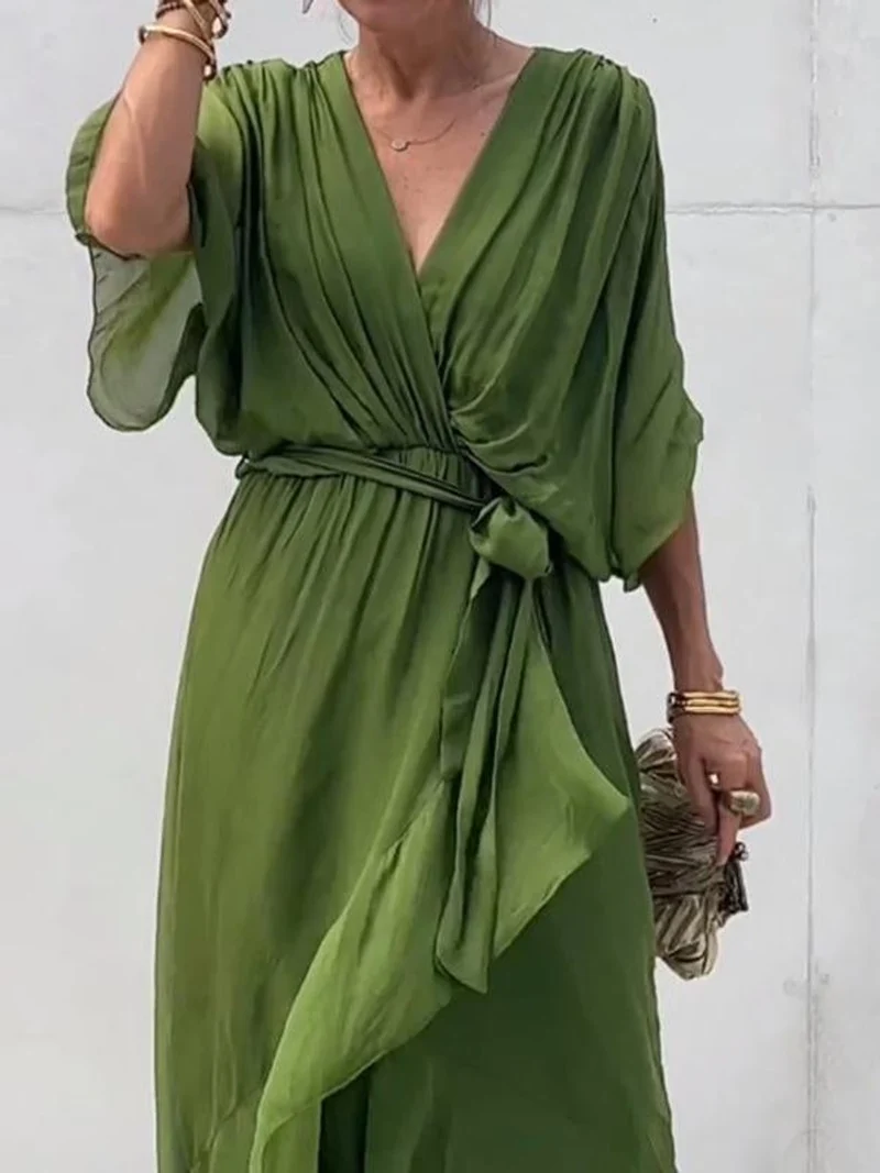 Frieda | Damen Cocktailparty-Kleid Elegantes Chiffon Midi V-Ausschnitt Bindegürtel