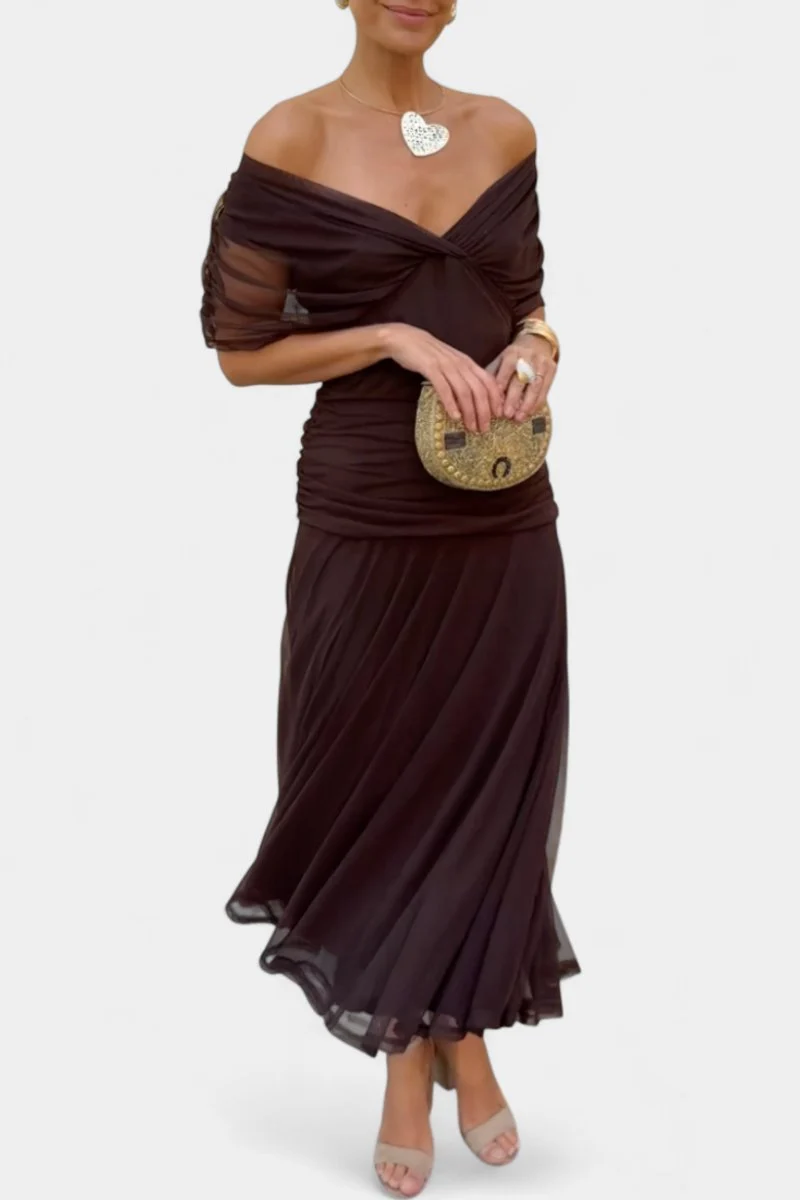 Amelie | Damen Off-Shoulder Cocktailparty-Kleid figurbetontes Chiffon Maxikleid