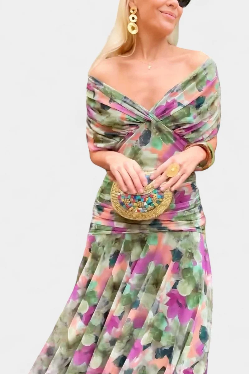 Amelie | Damen Off-Shoulder Cocktailparty-Kleid figurbetontes Chiffon Maxikleid