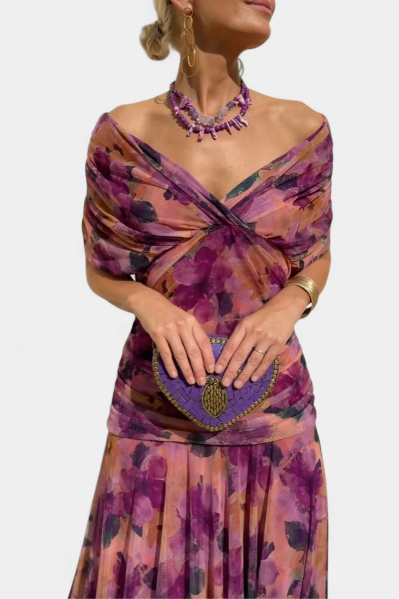 Amelie | Damen Off-Shoulder Cocktailparty-Kleid figurbetontes Chiffon Maxikleid