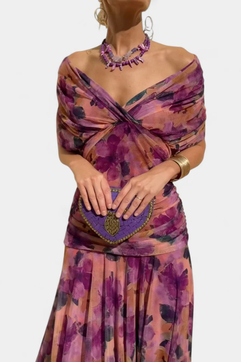 Amelie | Damen Off-Shoulder Cocktailparty-Kleid figurbetontes Chiffon Maxikleid