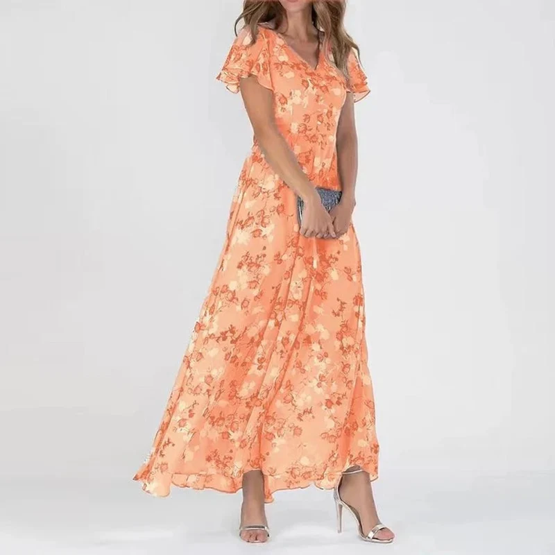 Amelie | Damen Cocktailparty-Kleid Blumen Maxi V-Ausschnitt Rüschen