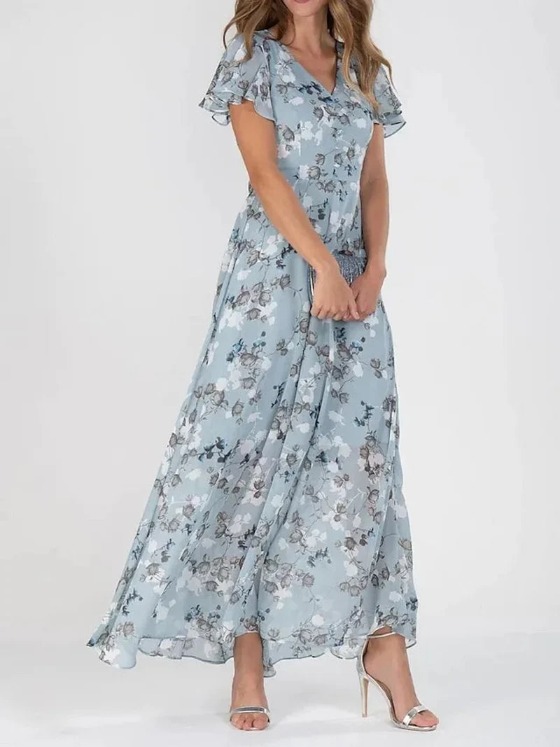 Amelie | Damen Cocktailparty-Kleid Blumen Maxi V-Ausschnitt Rüschen