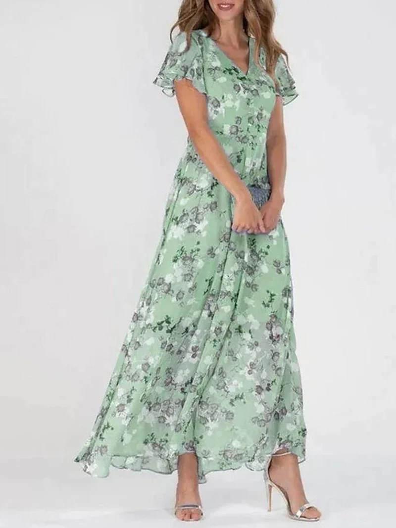 Amelie | Damen Cocktailparty-Kleid Blumen Maxi V-Ausschnitt Rüschen