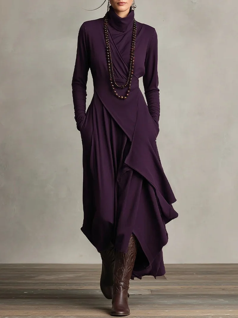 Nora | Damen Langarm Maxikleid Rollkragen Asymmetrisch Fließend