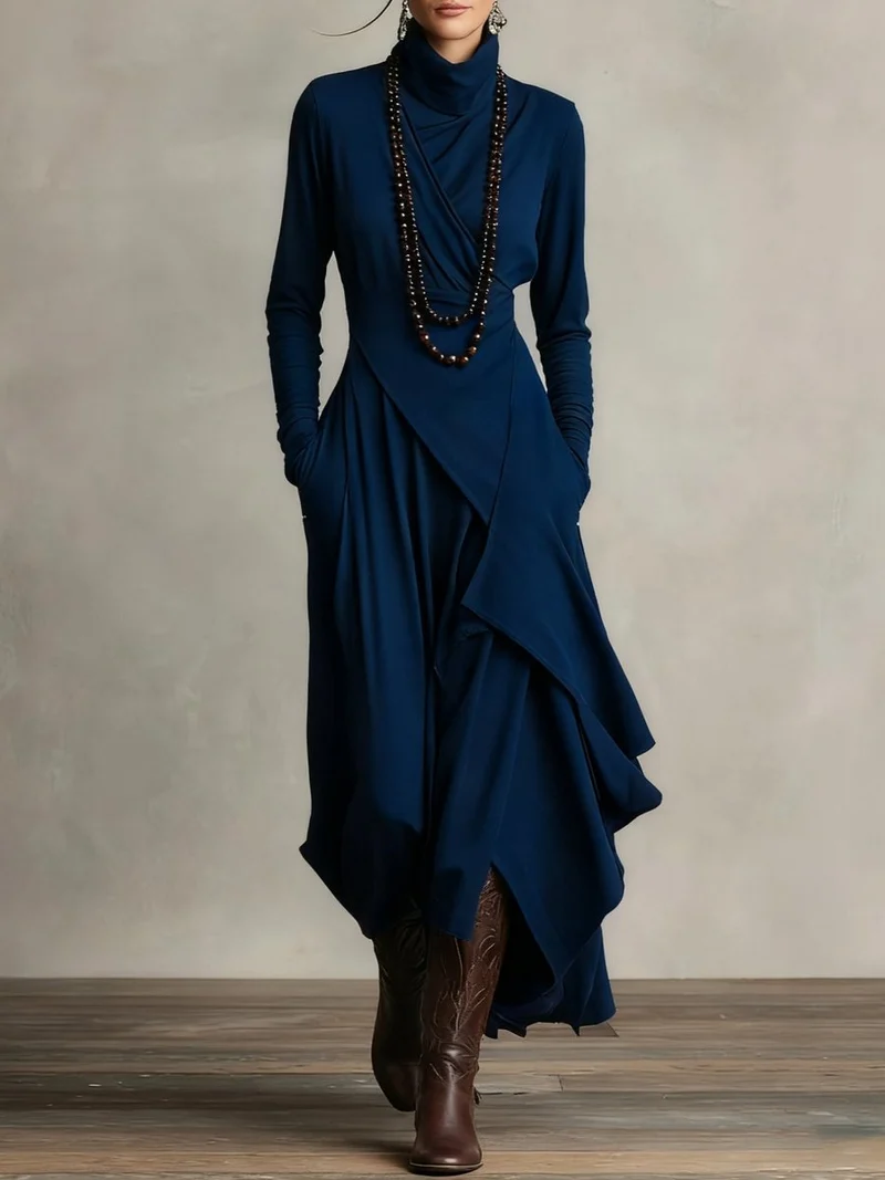 Nora | Damen Langarm Maxikleid Rollkragen Asymmetrisch Fließend