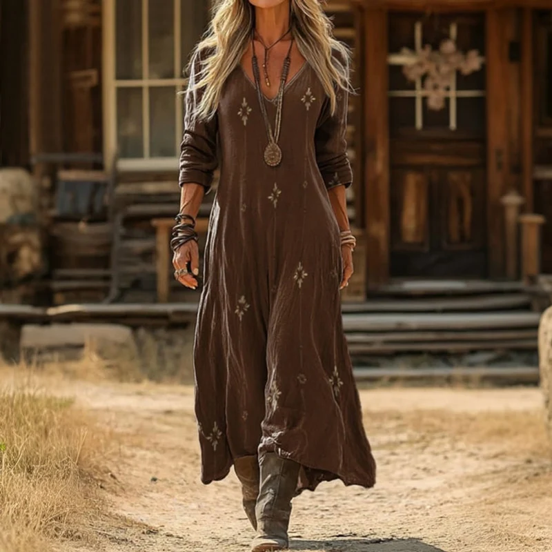 Amelie | Damen Vintage Langarmkleid mit V-Ausschnitt fließend leicht