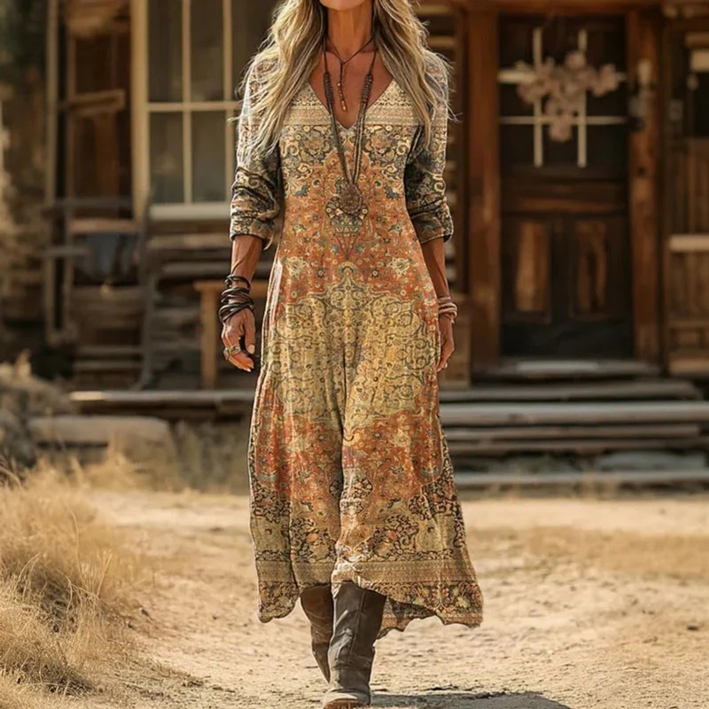 Amelie | Damen Vintage Langarmkleid mit V-Ausschnitt fließend leicht