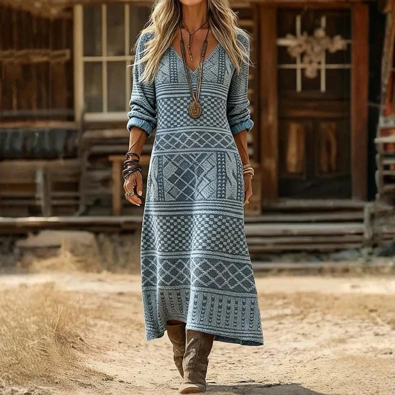 Amelie | Damen Vintage Langarmkleid mit V-Ausschnitt fließend leicht