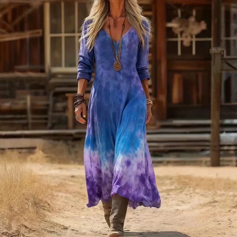 Amelie | Damen Vintage Langarmkleid mit V-Ausschnitt fließend leicht