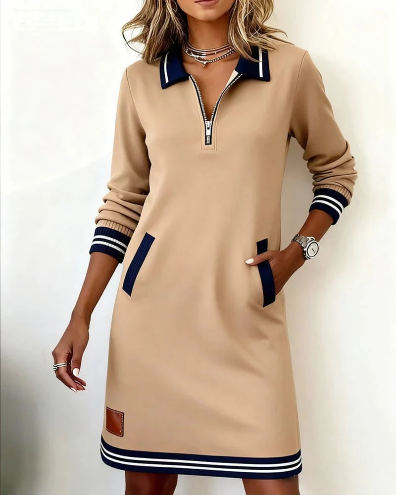 Elisabeth | Damen Long Sleeve Dress Polokragen Reißverschluss Midi-Kleid Seitentaschen