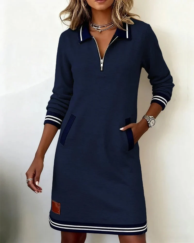 Elisabeth | Damen Long Sleeve Dress Polokragen Reißverschluss Midi-Kleid Seitentaschen