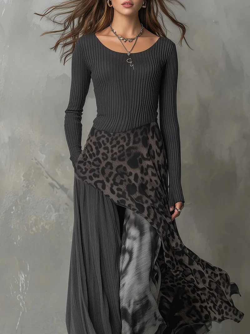 Frieda | Damen Langarmkleid Maxi Rippstrick Leopardenmuster Chiffon unregelmäßiger Saum