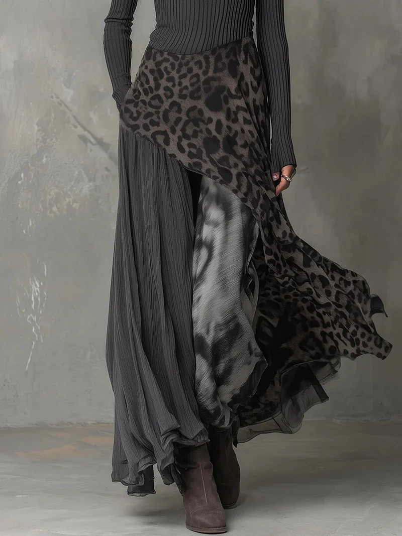 Frieda | Damen Langarmkleid Maxi Rippstrick Leopardenmuster Chiffon unregelmäßiger Saum