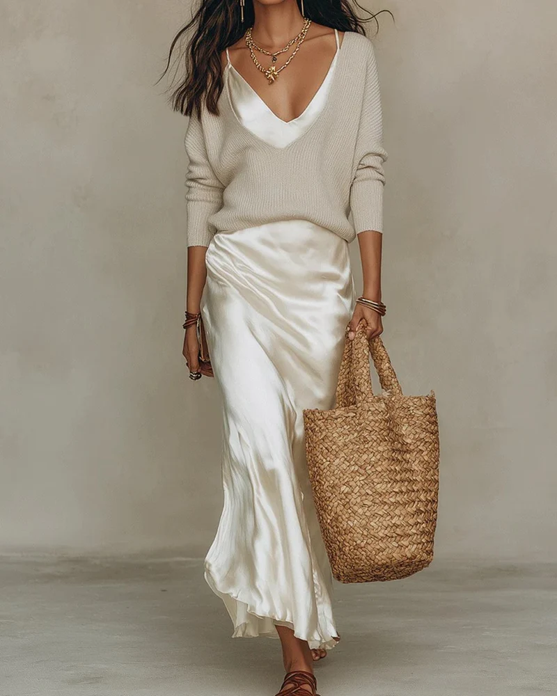 Emilia | Damen Langarm Satin Midi Kleid mit passendem Strickpullover