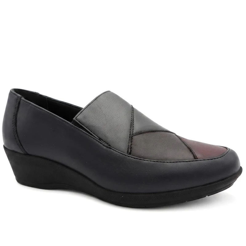 Smart Leather Wedged Slip On Shoes - KF44003 / 329 816 - Navy Combi