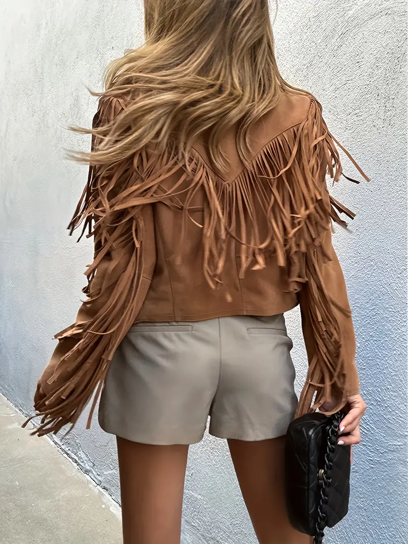 Natalie | Damen Boho-Chic Jacke aus Kunstwildleder mit Fransen