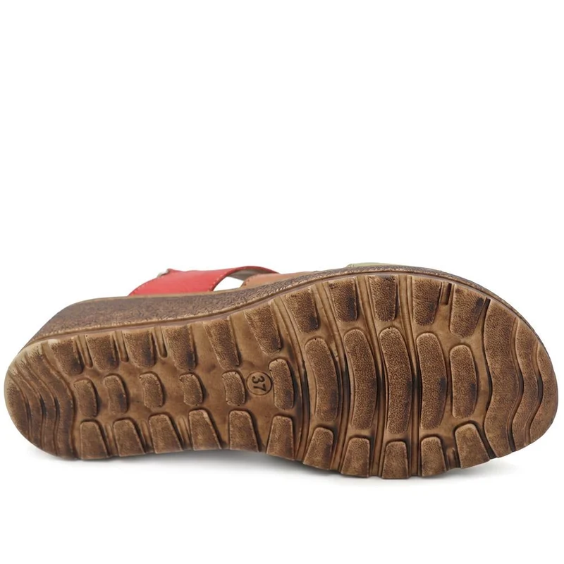 Cushioned Leather Wedge Heel Sandals - BOAY43000 / 329 206 - Red Multi